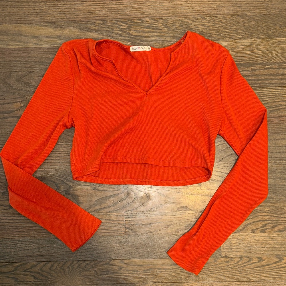 Heart Hips Orange Ribbed V-Notch Cropped Long-Sleeve Top